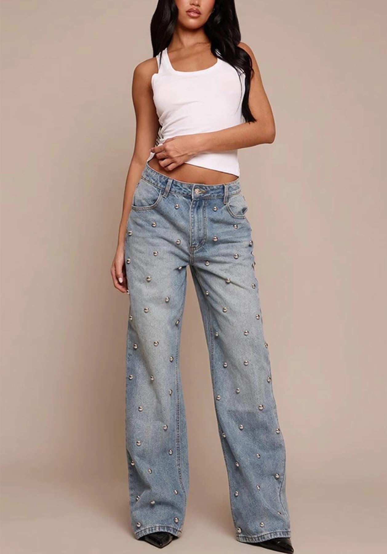 Unybwonn Women Straight Leg Jeans Rhinestone High Waisted Wide Leg Pearl Denim Pants Bling Glitter Studded Y2k Trousers