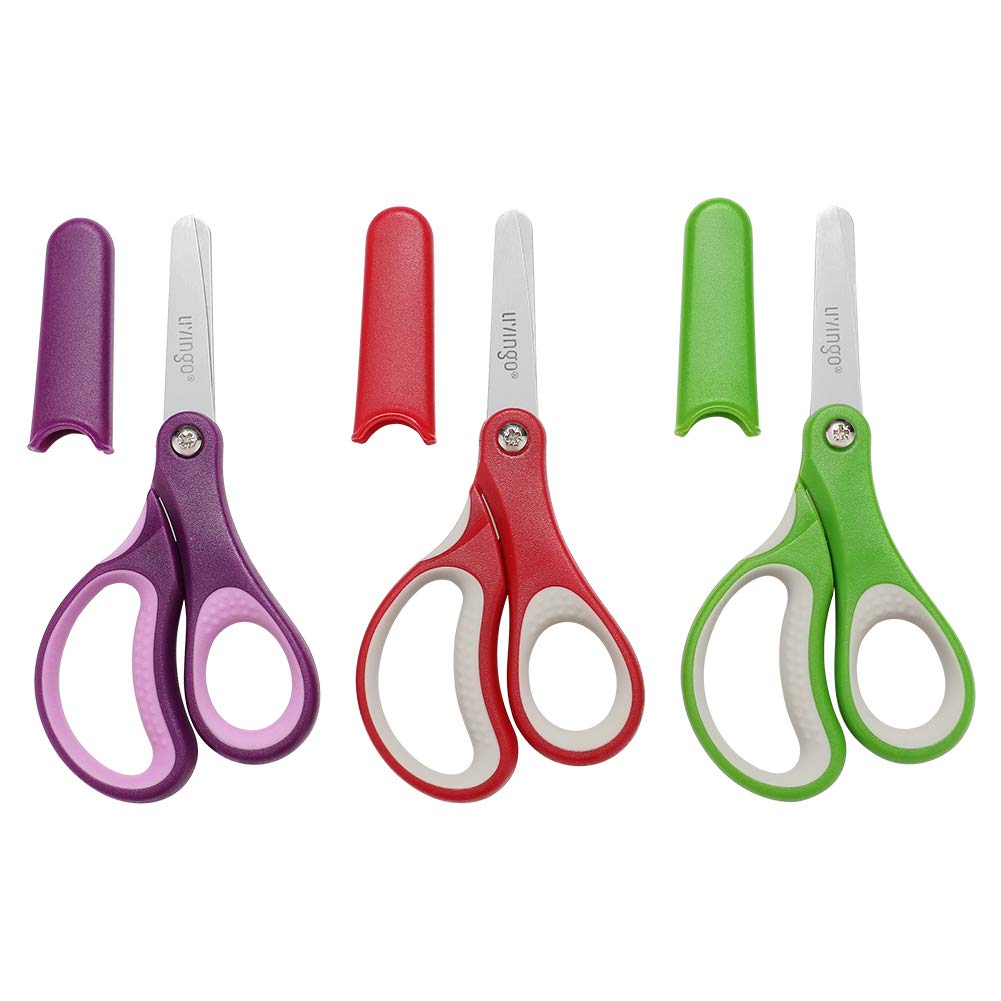 LIVINGO 5" Small School Student Blunt Kids Craft Scissors, Sharp Stainless Steel Blades Safety Comfort Grip for Children Cutting Paper, Assorted Color, 3 Pack