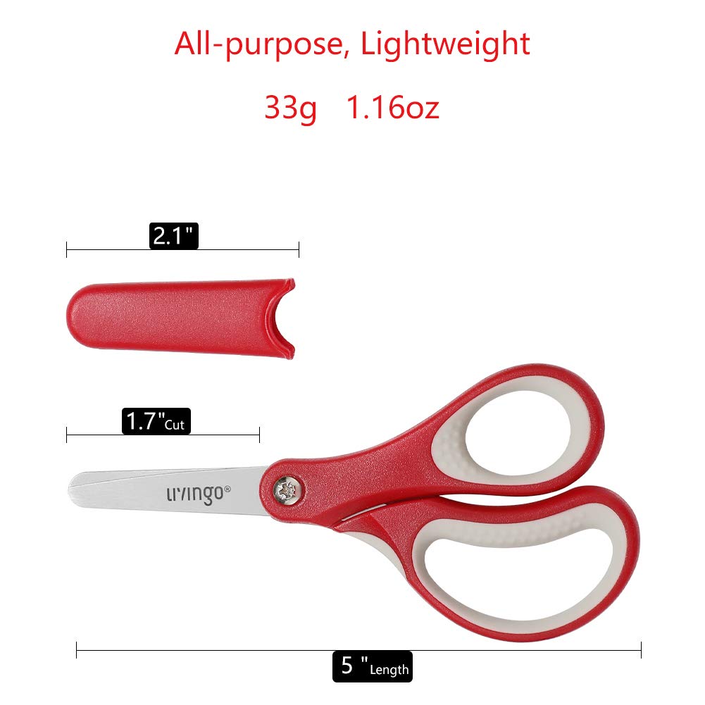 LIVINGO 5" Small School Student Blunt Kids Craft Scissors, Sharp Stainless Steel Blades Safety Comfort Grip for Children Cutting Paper, Assorted Color, 3 Pack