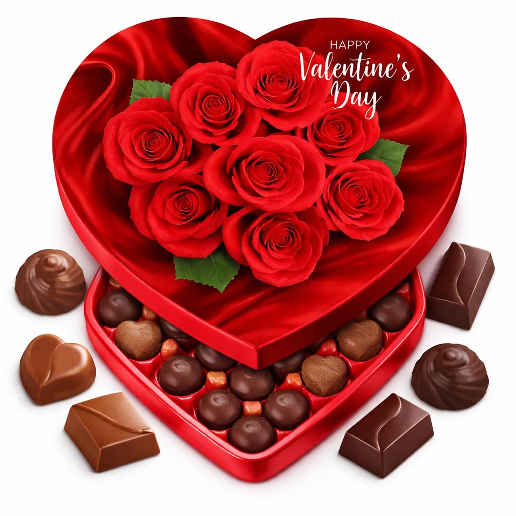 Valentine Day Chocolate Heart Shaped Gift Box - Milk Chocolate Caramel Cocoa Truffle Orange Creme Strawberry Flavors 10 Chocolate Piece - Roses Design May Vary - Her Him