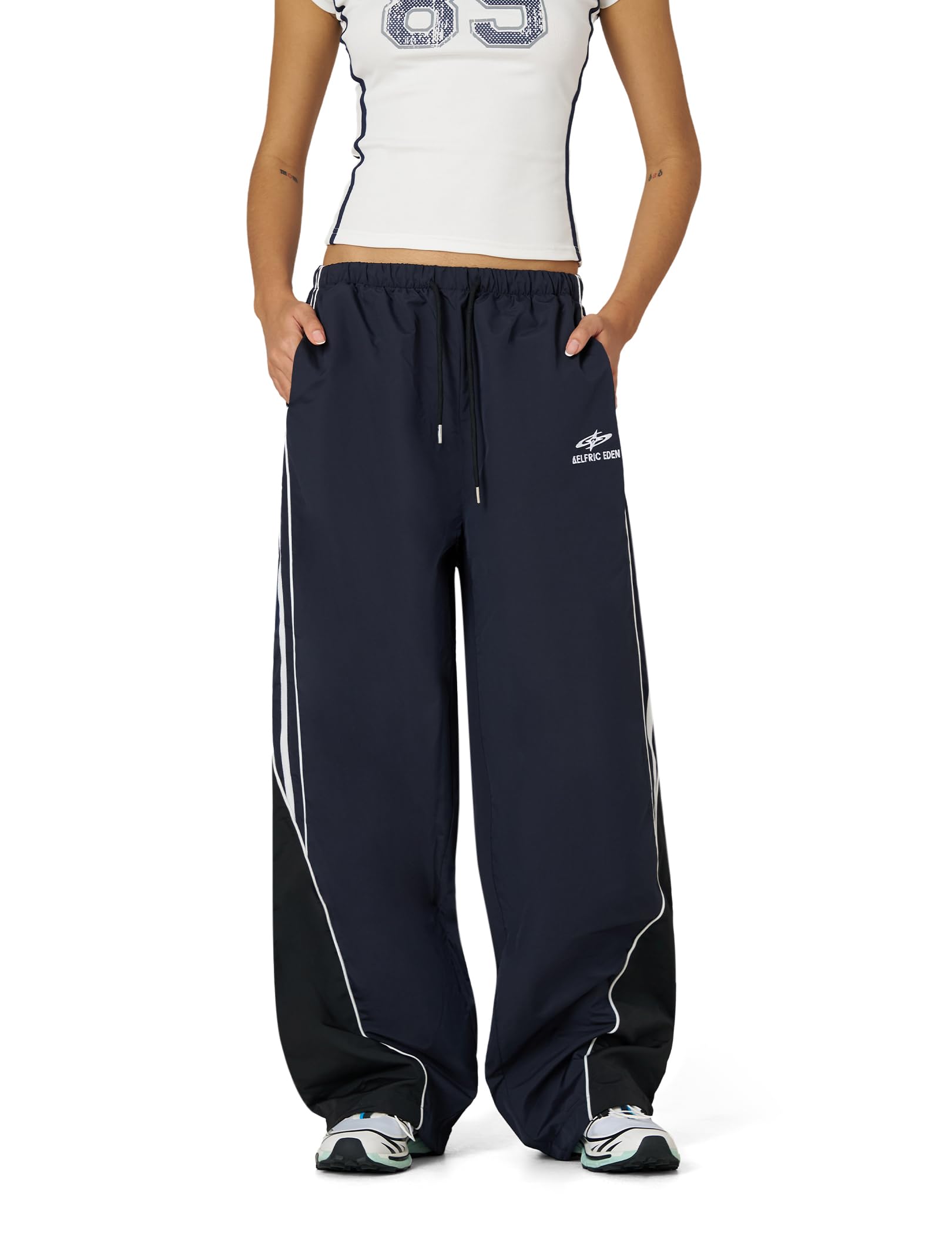 Aelfric Eden Womens Embroidery Patchwork Striped Track Pants Unisex Baggy Sweatpants Wide Leg Drawstring Y2K Pants
