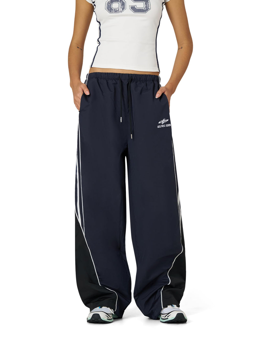 Aelfric Eden Womens Embroidery Patchwork Striped Track Pants Unisex Baggy Sweatpants Wide Leg Drawstring Y2K Pants
