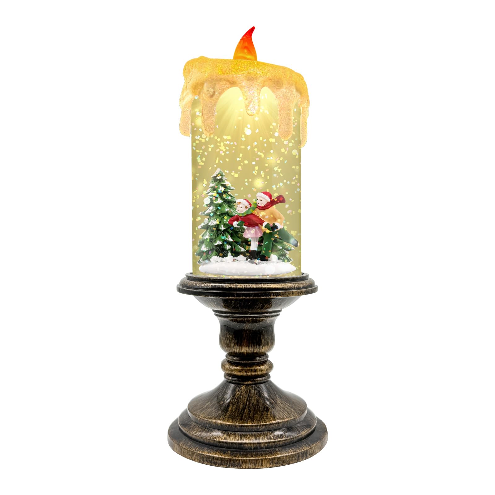 Christmas Snow Globe Candle Lantern with Snowman & Reindeer, Vintage-Style LED with Glitter Swirl & 6H Timer, Battery Operated (3×AA) Holiday Decoration for Tabletop & Mantel
