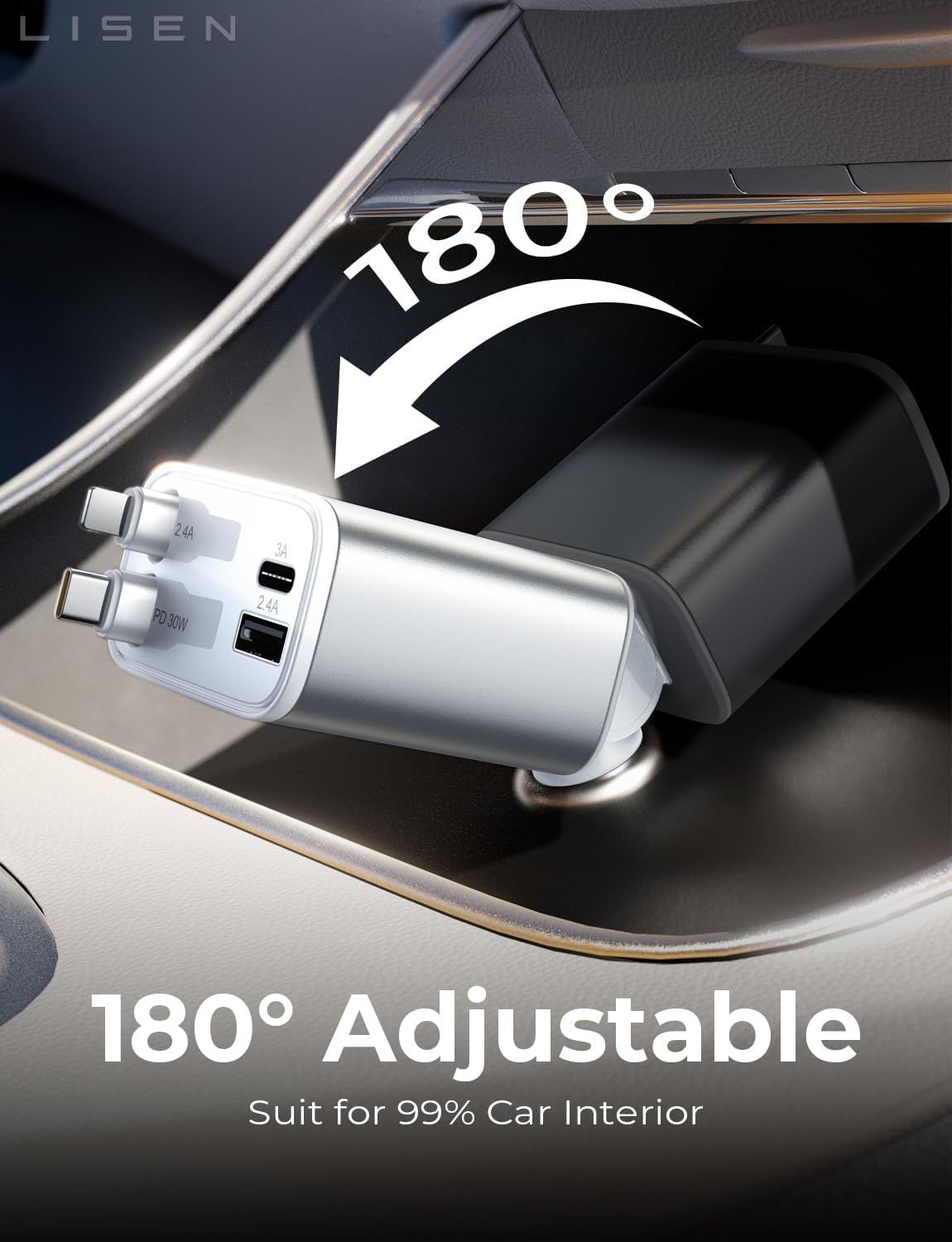 LISEN Retractable Car Charger, 84W Car Charger USB C Fast Charger Adapter for iPhone, Car Accessories for Men Women, Gifts for Fathers Day for Men Dad Husband, for iPhone 17 16 15 14 13 12 11 Samsung