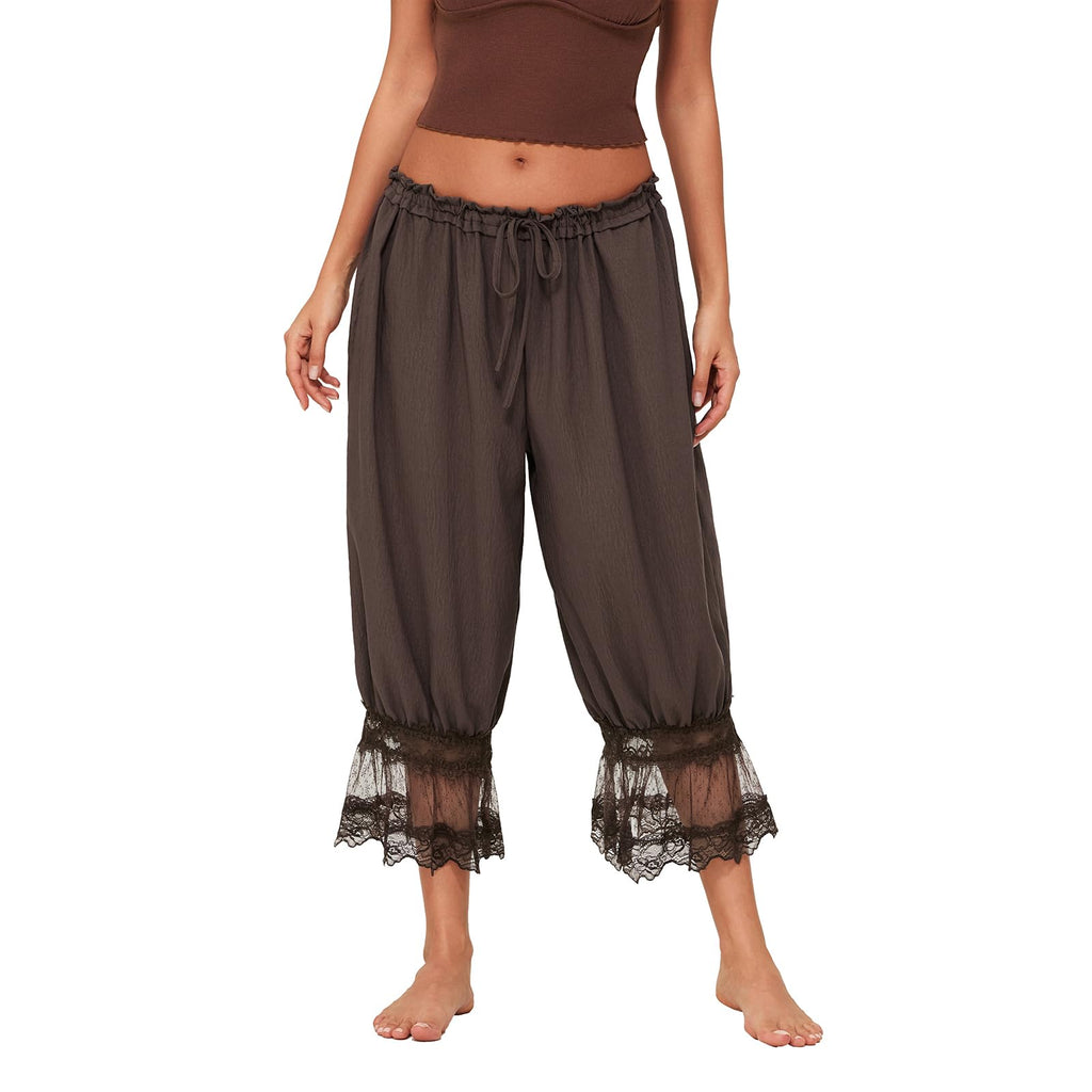 Women Lace Trim Long Bloomers Y2k Elastic Mid Rise Floral Ruffle Pantaloons Flared Slips Pants Pajama Bottoms