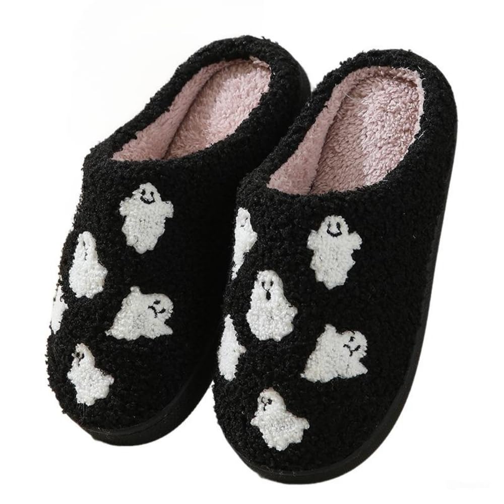 Halloween Slippers for Women Retro Soft Cozy Comfy Plush Lightweight Slip-on Indoor Outdoor Anti-Skid Sole Christmas House Shoes