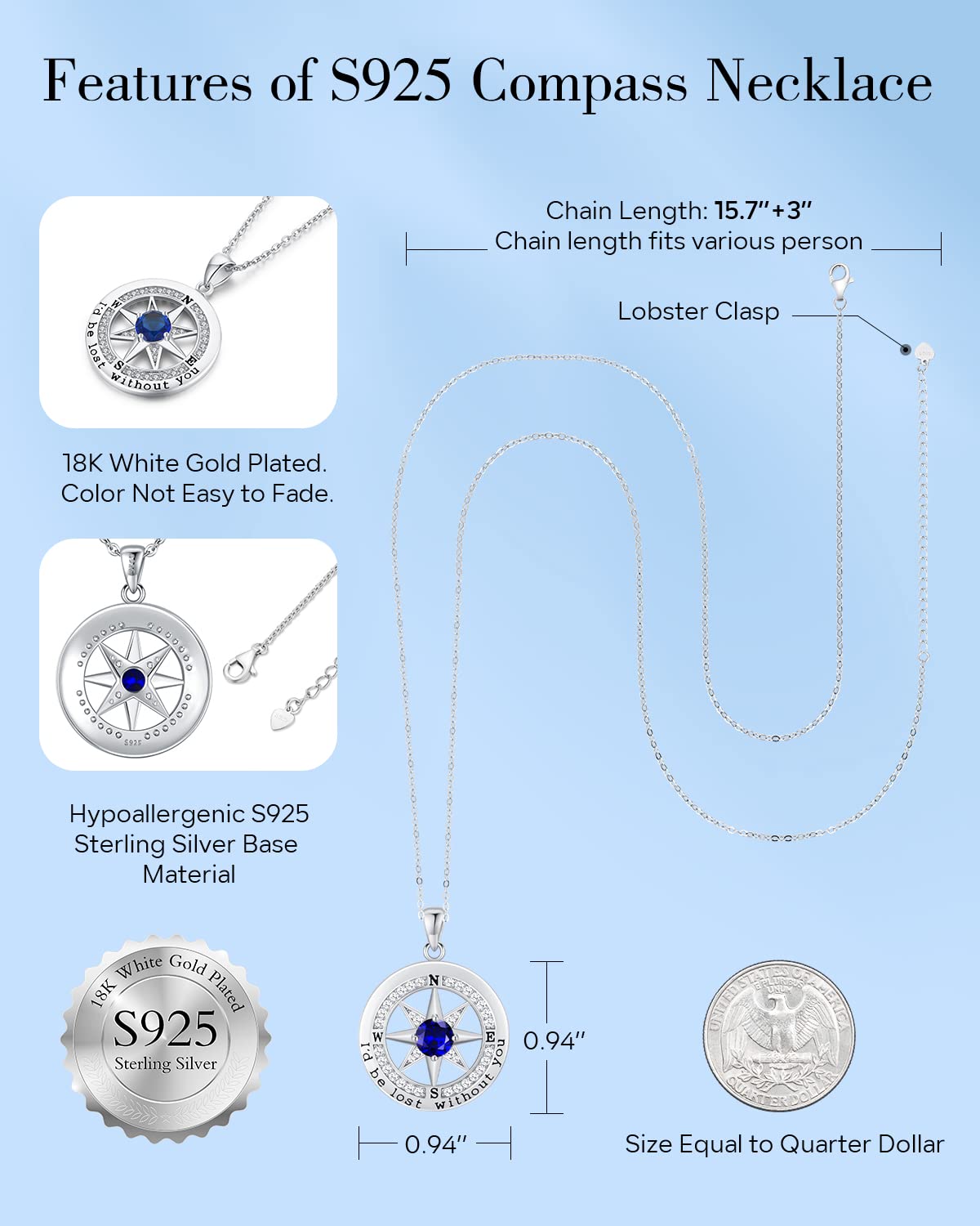 S925 Necklace Gift for Wife |Compass Jewelry |Women Anniversary |Sterling Silver |Girlfriend Birthday Gifts for Her Valentines |I'd be Lost without You |Jewel 18K Gold
