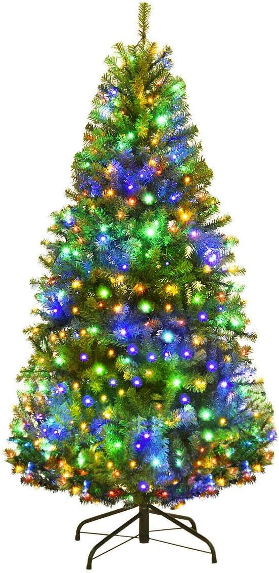 Goplus 7FT Pre-Lit Artificial Christmas Tree Auto-Spread/Close up Branches 11 Flash Modes with Multicolored 400 LED Lights & Metal Stand