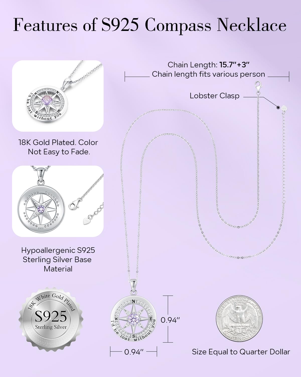 S925 Necklace Gift for Wife |Compass Jewelry |Women Anniversary |Sterling Silver |Girlfriend Birthday Gifts for Her Valentines |I'd be Lost without You |Jewel 18K Gold