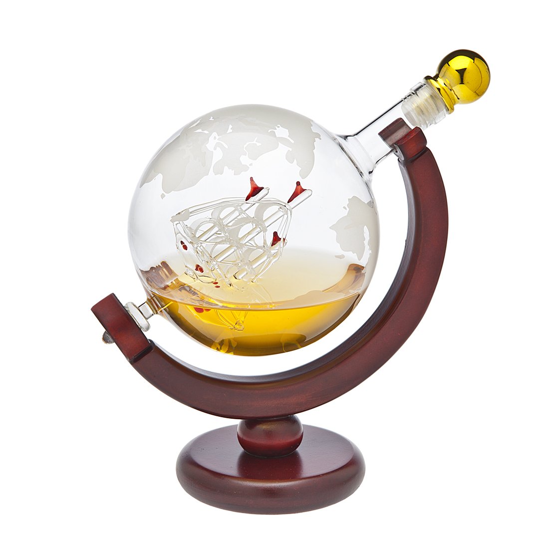 Godinger Whiskey Decanter Globe Set with 4 Etched Glasses for Liquor, Scotch, Bourbon, Vodka, Gifts for Men - 850ml Clear