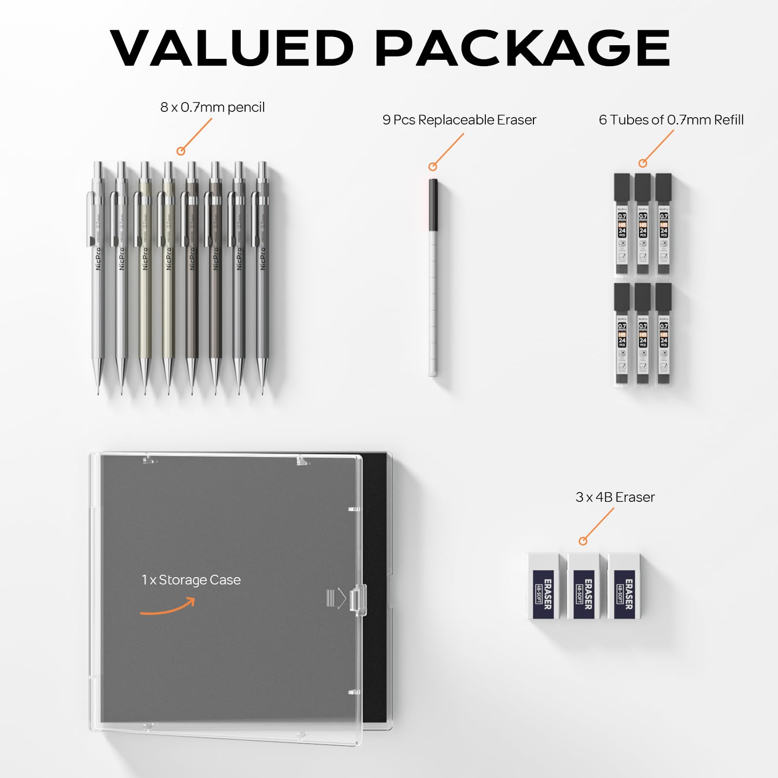Nicpro 4 Pack Mechanical Pencil 0.7mm with Case, MB1000 Metal Mechanical Pencil Set with 6 Tube HB #2 Lead Refill 0.7 mm, 3PCS 4B Eraser, 9 Cap Eraser for Artist Drafting Writing, Sketching, Drawing