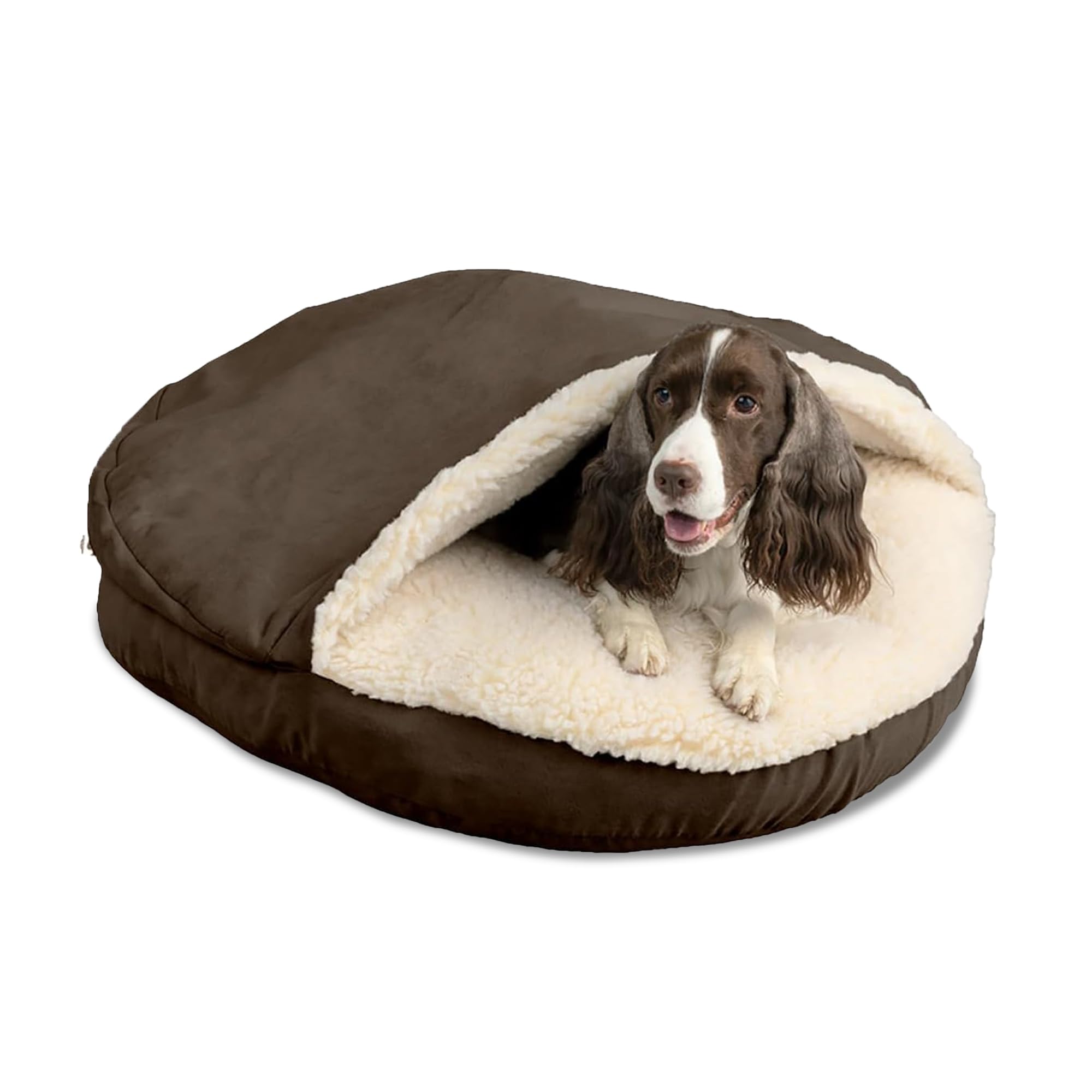 Snoozer Cozy Cave Dog Bed - Indoor Dog Bed with Cover Cave, Covered Calming Burrow for Small Sized Pets with Blanket Attached, Enclosed, Removable Washable Cover - Small, Navy