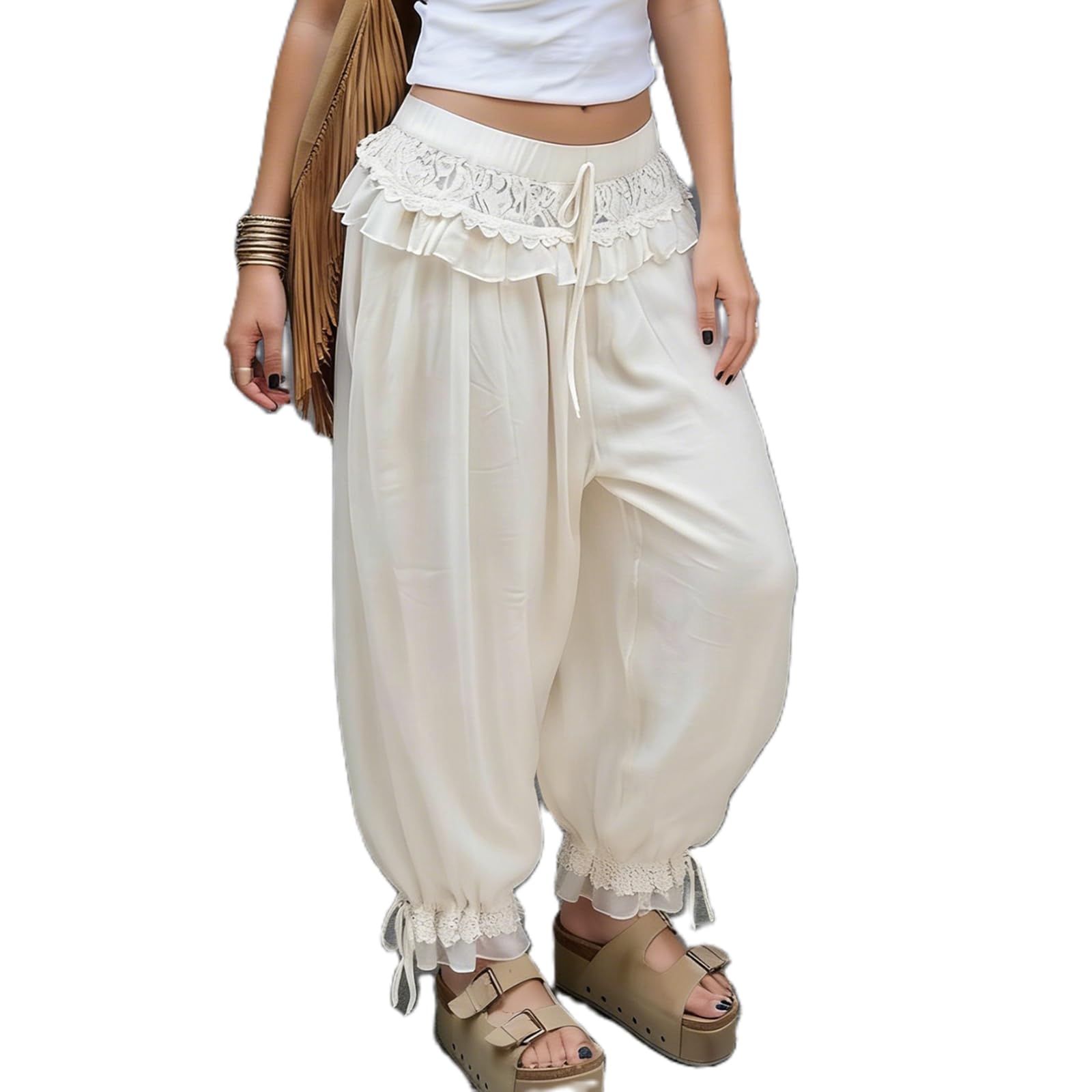 Women Bloomers Pants Y2K Flare Lace Trim Vintage Pantaloons Cute Ruffled Pumpkin Pants Capri Pajama Bottoms