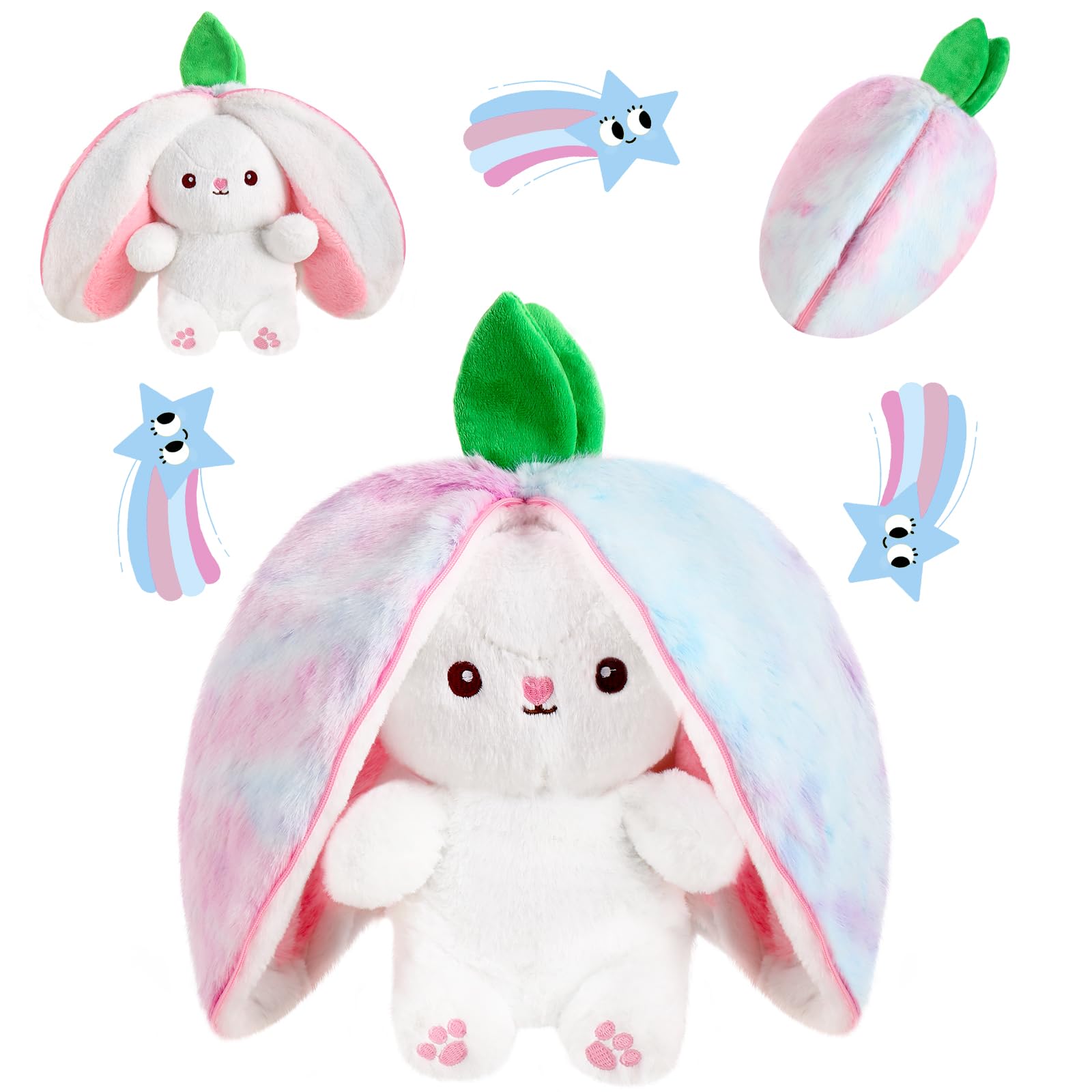 MIAODAM Bunny Stuffed Animal Reversible Cuddle Bunny Stuffed,Strawberry Bunny Transformed Rabbit Plush Zipper,Turns Into Ears Bunnies Plushies Toy Cute Stuffy Doll Easter
