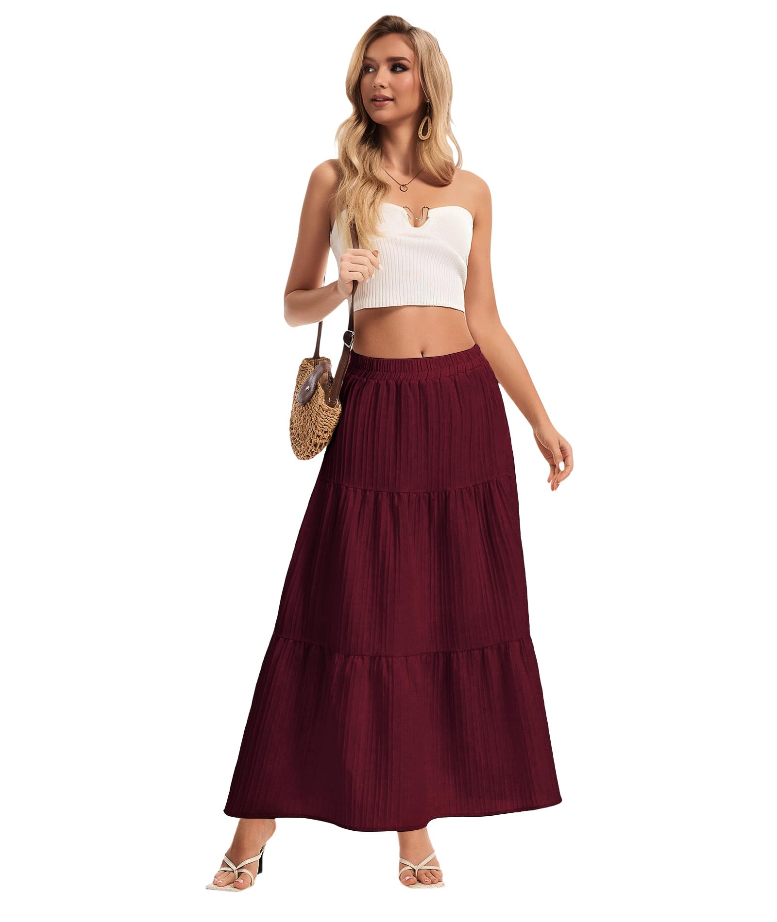 Womens Maxi Skirt Boho Long Flowy Skirts Trendy Summer 2026 Tiered Ruffle Skirt A Line Casual Beach Vacation Dress