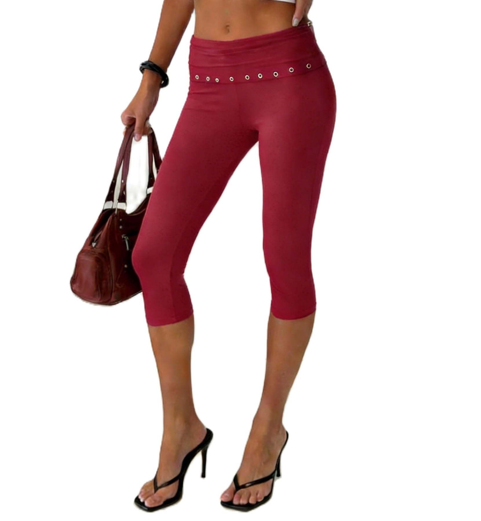 Women Y2k Low Rise Capris Button Grommet Foldover Capri Leggings Split Skinny Cropped Pants Going Out Capris Yoga Pants