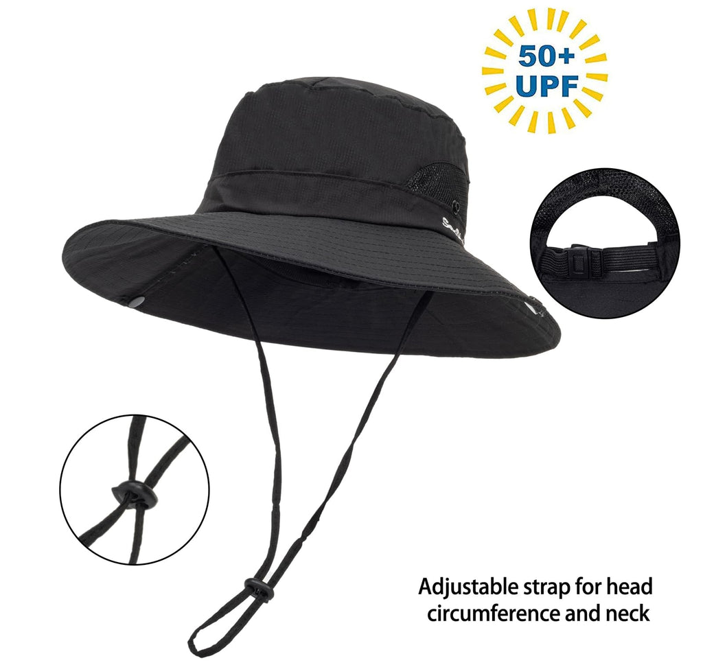 Womens Summer Sun Hat Beach Hat Wide Brim Outdoor UV Protection Hat Packable Mesh Bucket Hat with Ponytail Hole