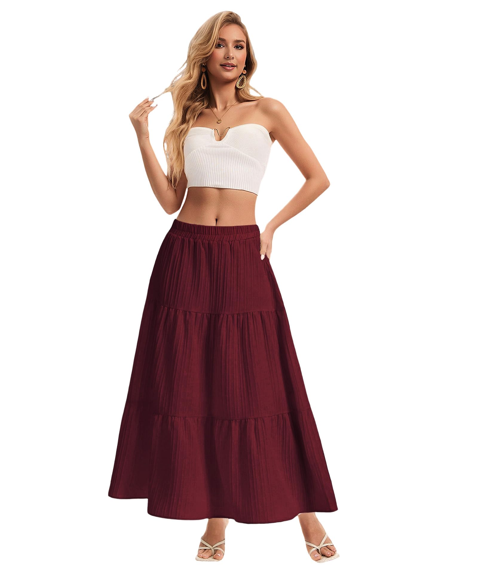 Womens Maxi Skirt Boho Long Flowy Skirts Trendy Summer 2026 Tiered Ruffle Skirt A Line Casual Beach Vacation Dress