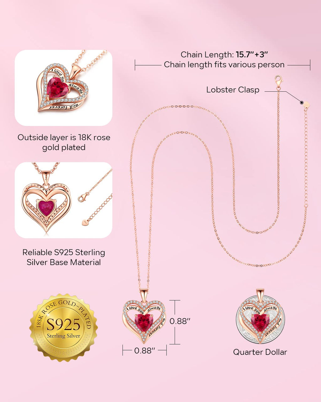 S925 Sterling Silver Necklace for Women, Wife Jewelry Rose Gold, Mom Birthday Valentines Mothers Day Gifts, Girlfriend Necklaces, Daughter Heart Jewel, Anniversary for Her