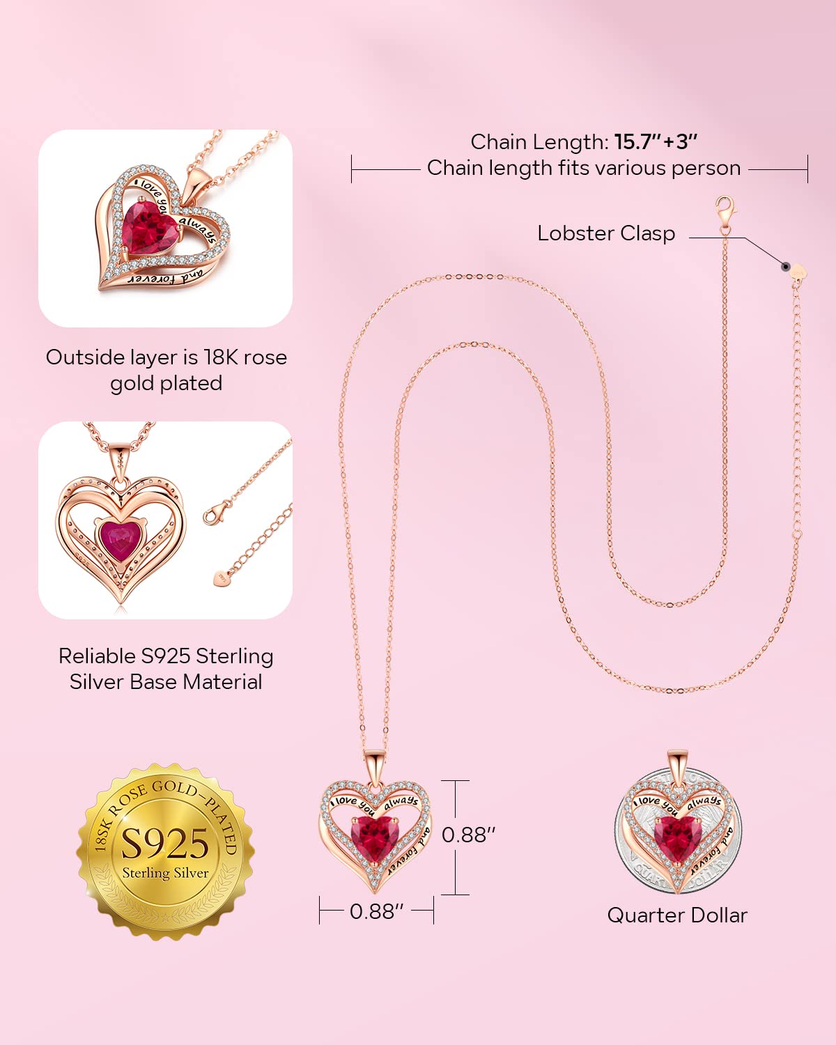 S925 Sterling Silver Necklace for Women, Wife Jewelry Rose Gold, Mom Birthday Valentines Mothers Day Gifts, Girlfriend Necklaces, Daughter Heart Jewel, Anniversary for Her