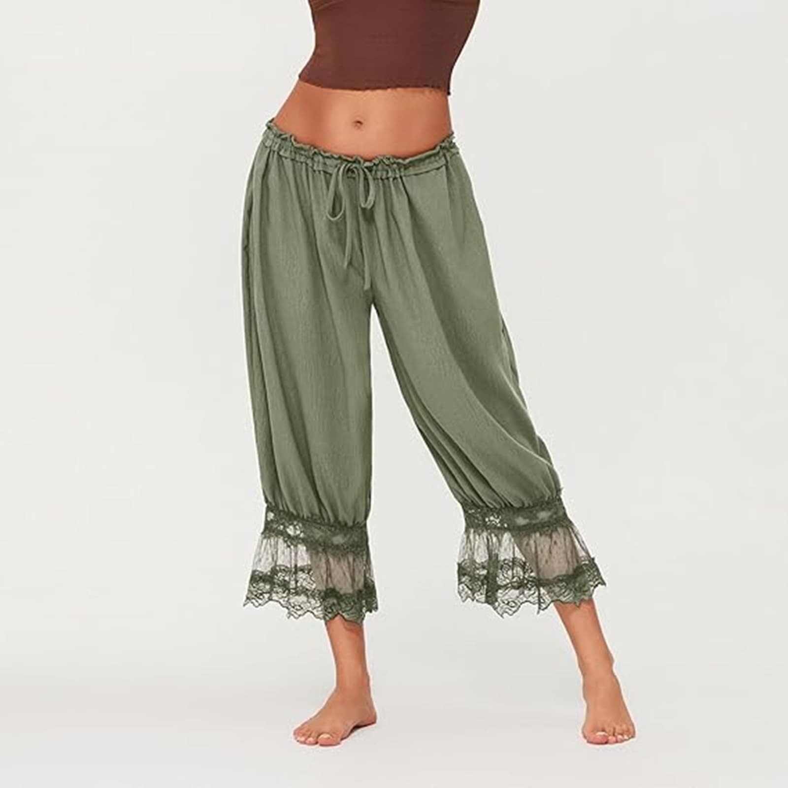 Women Bloomers Pants Y2K Flare Lace Trim Vintage Pantaloons Cute Ruffled Pumpkin Pants Capri Pajama Bottoms