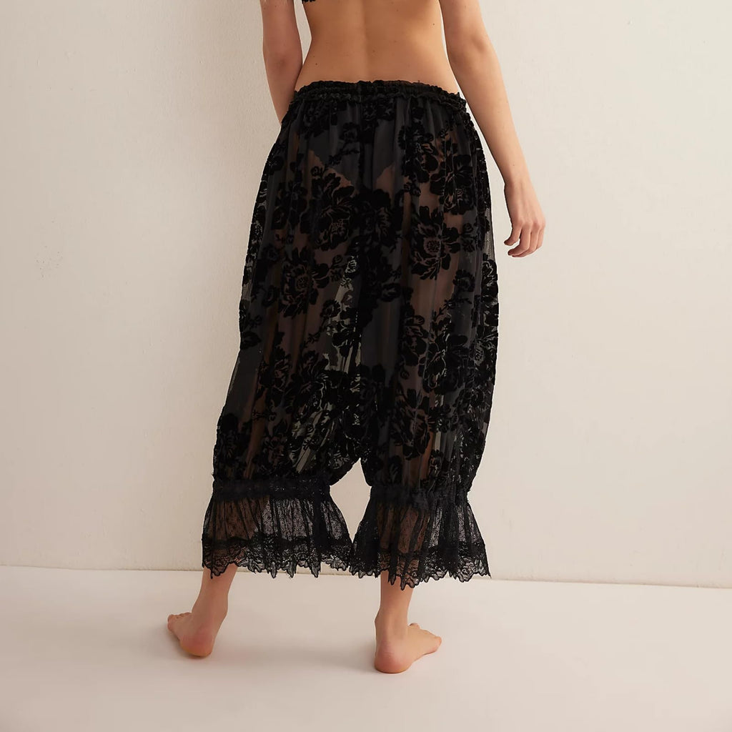 Women Lace Trim Long Bloomers Y2k Elastic Mid Rise Floral Ruffle Pantaloons Flared Slips Pants Pajama Bottoms