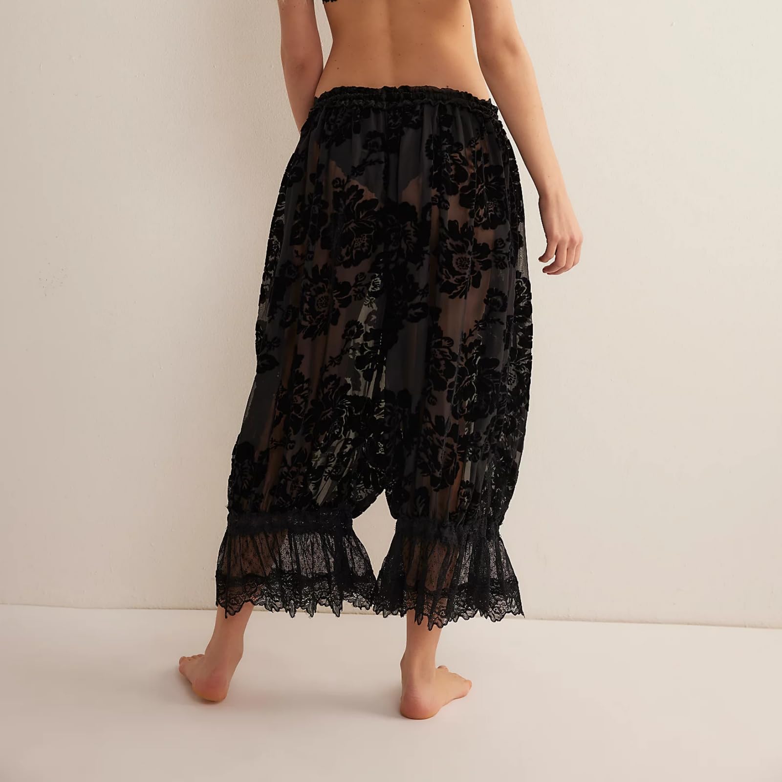 Women Lace Trim Long Bloomers Y2k Elastic Mid Rise Floral Ruffle Pantaloons Flared Slips Pants Pajama Bottoms