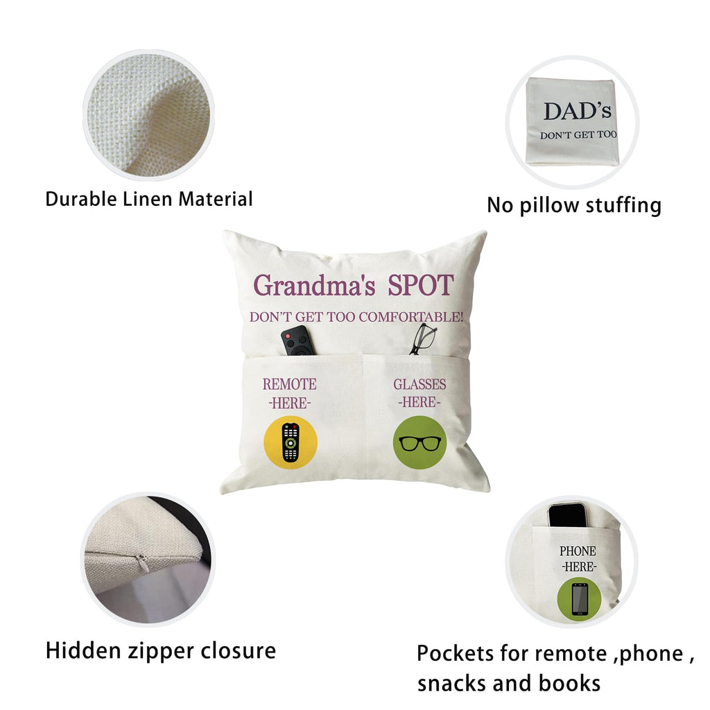 ONFAON Grandpa Gifts,Grandpa's Spot Throw Pillow Covers 18x18 Inch,Put Phone Glasses and Remote Control Pillowcase,Birthday Christmas Thanksgiving Day Gifts for Grandpa Stepdad,3-Pocket