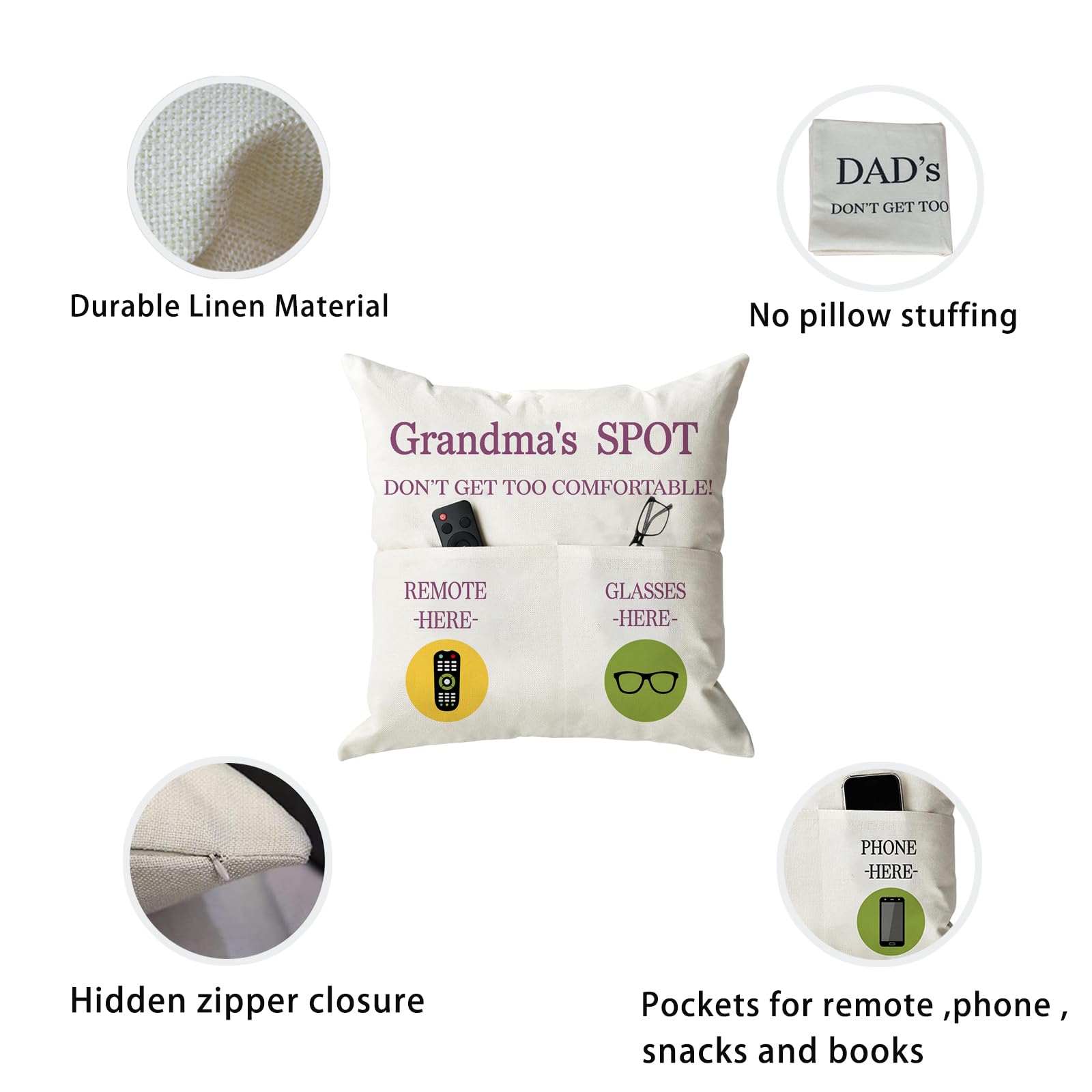 ONFAON Grandpa Gifts,Grandpa's Spot Throw Pillow Covers 18x18 Inch,Put Phone Glasses and Remote Control Pillowcase,Birthday Christmas Thanksgiving Day Gifts for Grandpa Stepdad,3-Pocket