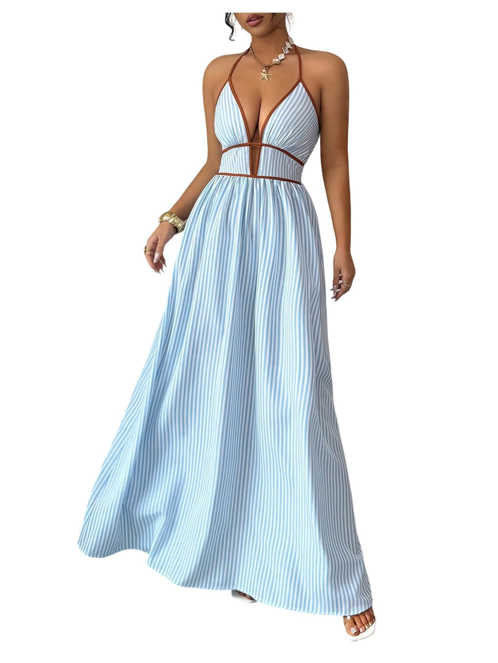 Floerns Women's Striped Halter Maxi Dress Backless Smocked Beach Vacation Boho Dress