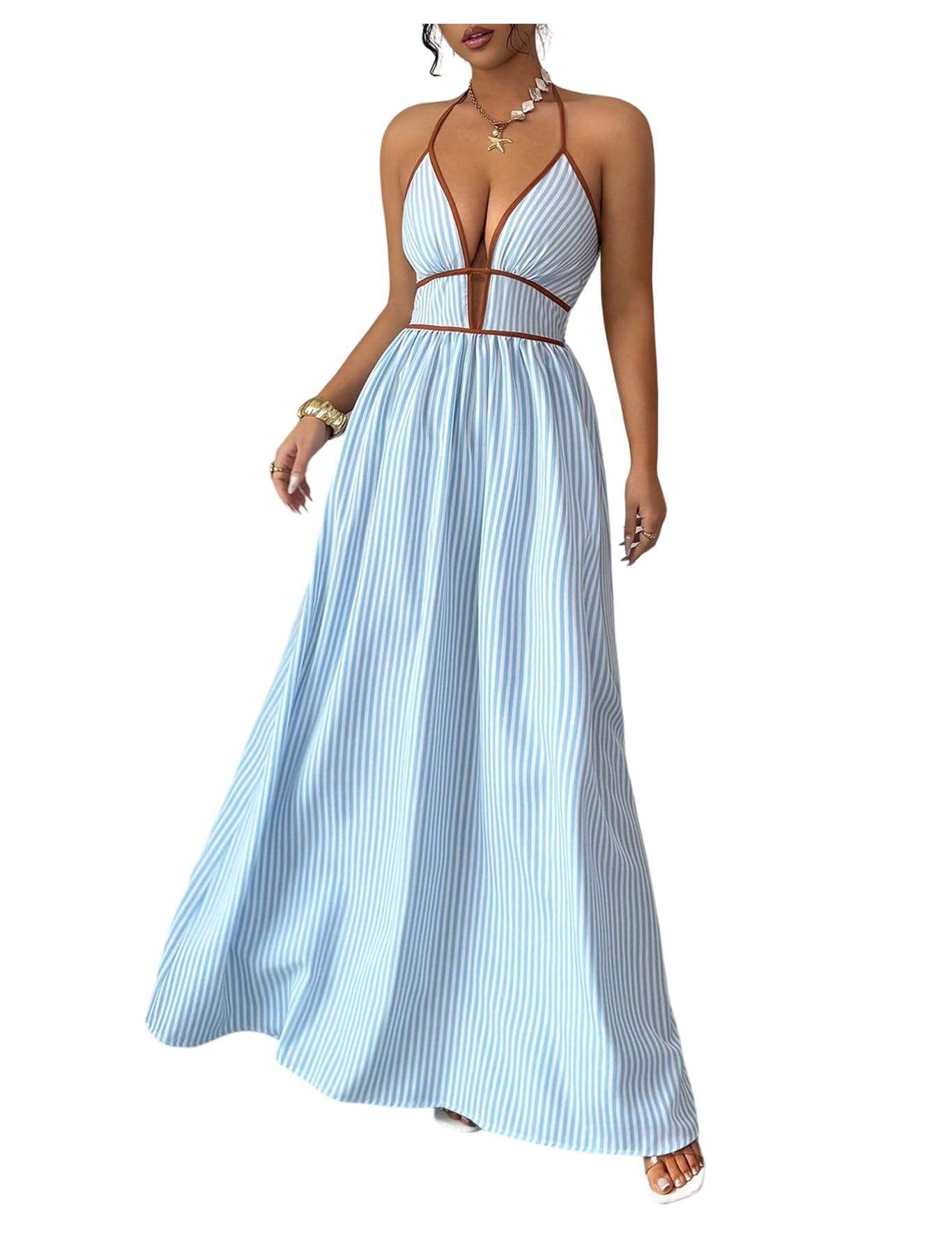 Floerns Women's Striped Halter Maxi Dress Backless Smocked Beach Vacation Boho Dress