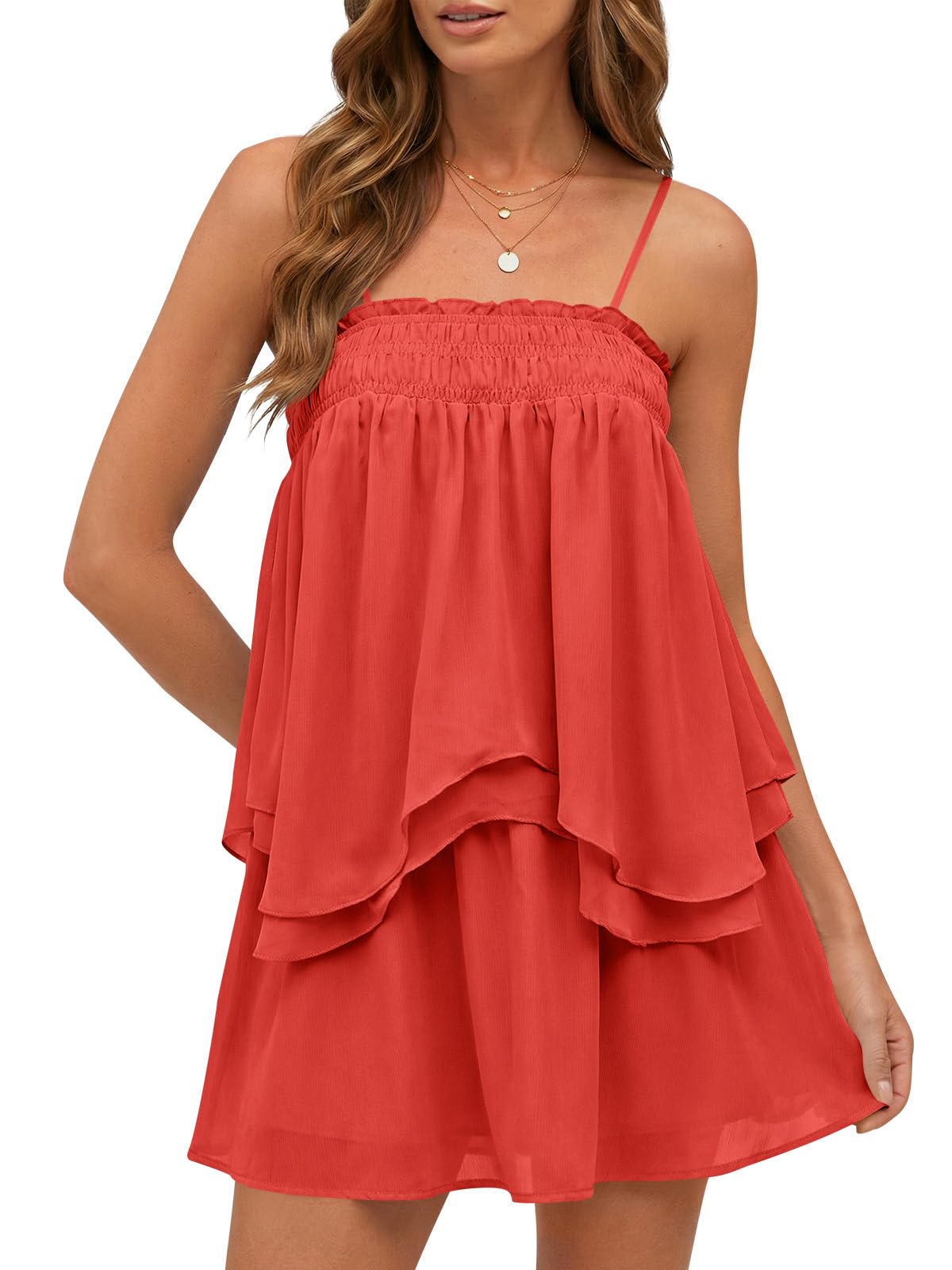 Wenrine Womens Summer Two Piece Skirt Sets Casual Smocked Cami Tops Mini Skirts Ruffle Tiered Flowy Vacation Set