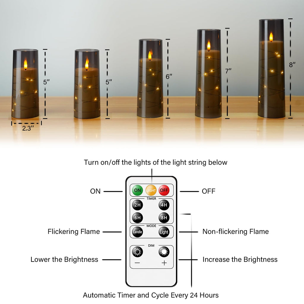kakoya Flameless LED Candles with Timer 5 Pc Flickering Flameless Candles for Romantic Ambiance and Home Decoration Stable Acrylic Shell,with Embedded Star String，Battery Operated Candles（Red）