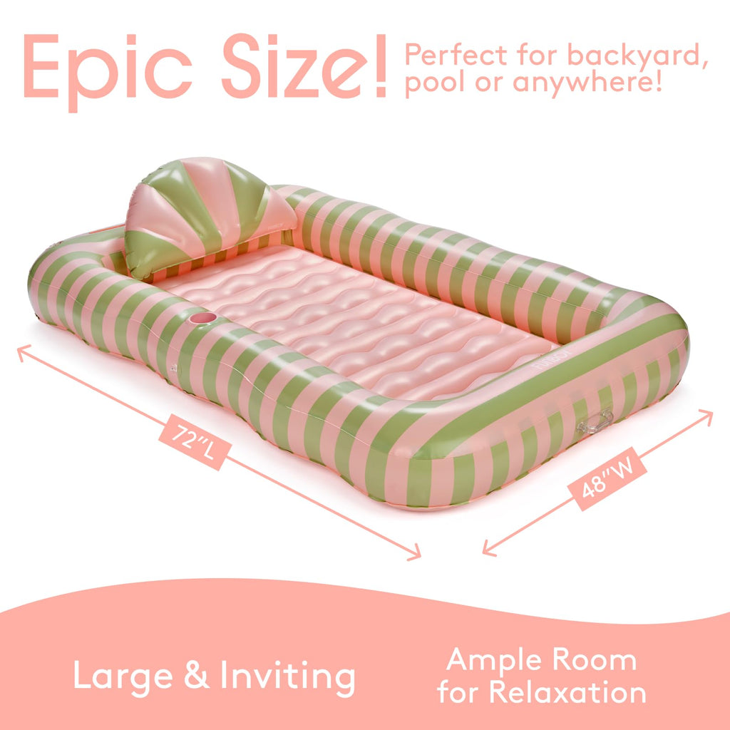 FUNBOY Tanning Pool Lounger Float, XL 72'' x 48'' Pool Float with Custom Pillow and Large Cup Holder, Perfect for Pool or Backyard.