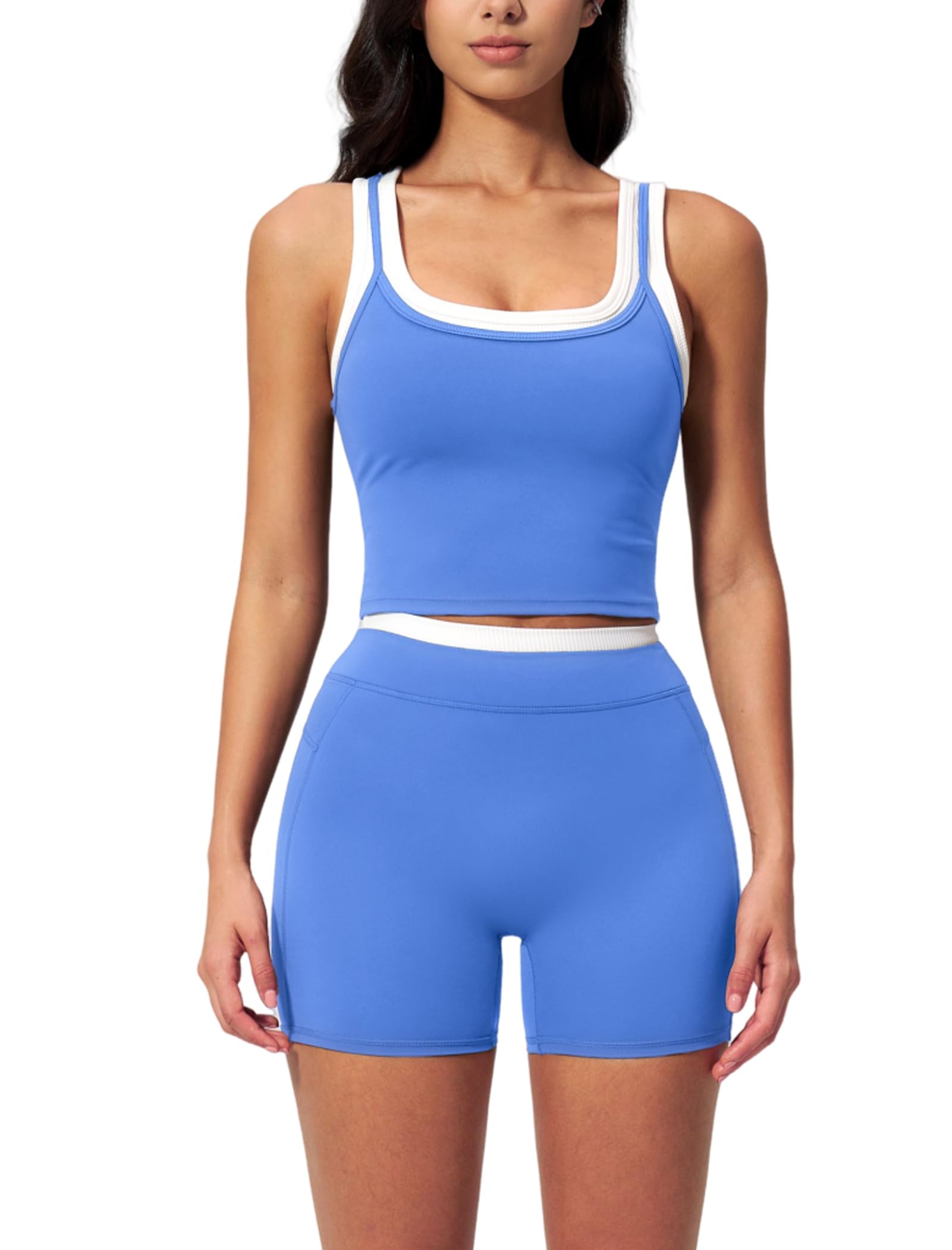 Women 2 Piece Workout Sets Racerback Color Block Tank Top High Waist Tummy Control Shorts Yoga Outfits