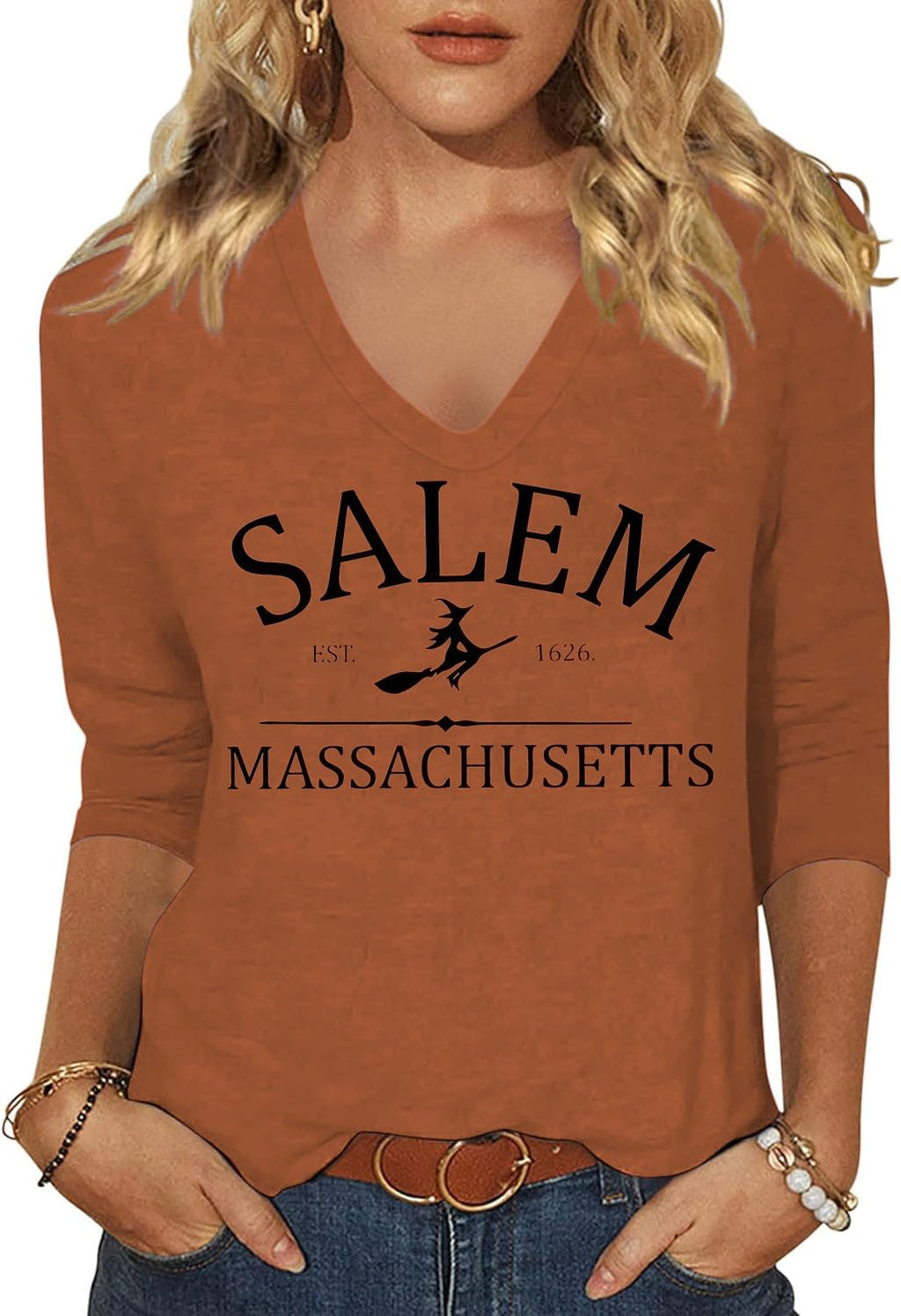 Women's Fall Halloween V Neck Shirt, Hocus Focus Graphic Tee | 3/4 Sleeve, Vintage, Funny Family Party Matching,Casual Holiday Tops,Spooky Season Tee