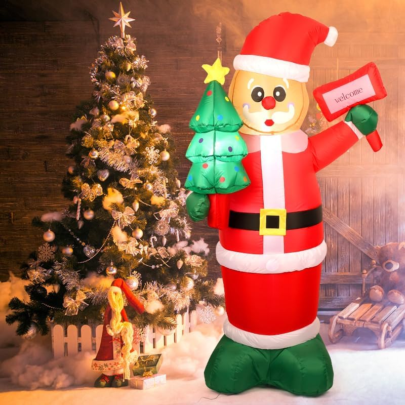 6Ft Christmas Inflatables Santa Gingerbread with LED Lights & Gift Box, Giant Christmas Inflatables Yard Decorations, Xmas Blow Up Santa Claus, Indoor/Outdoor Christmas Decor for Holiday Patio Garden
