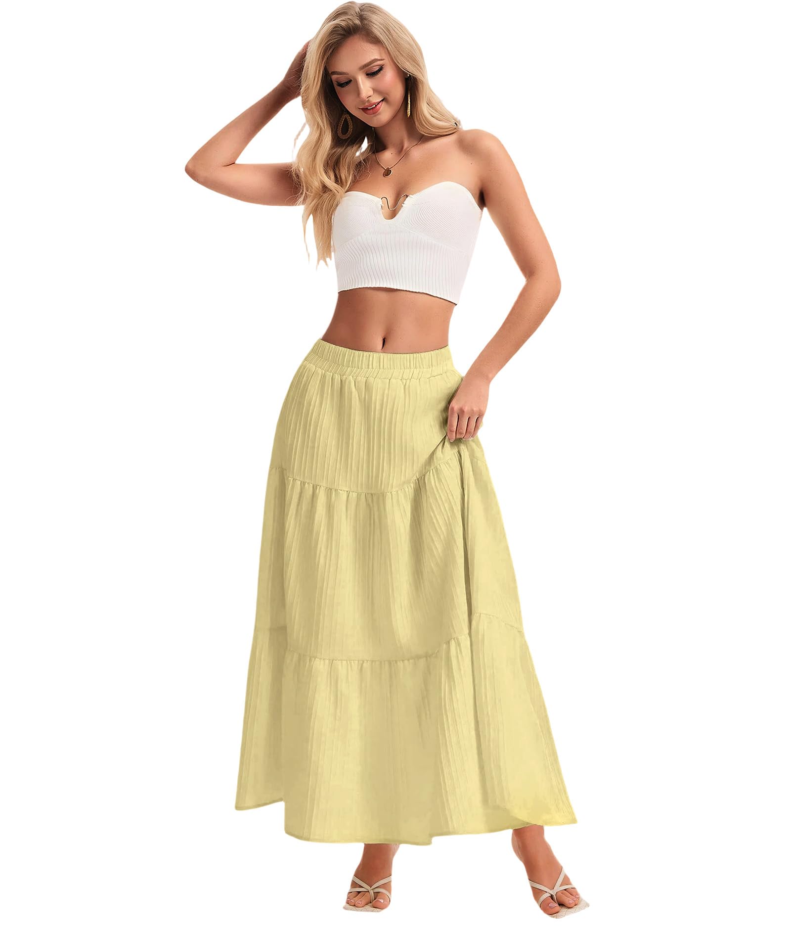 Womens Maxi Skirt Boho Long Flowy Skirts Trendy Summer 2026 Tiered Ruffle Skirt A Line Casual Beach Vacation Dress