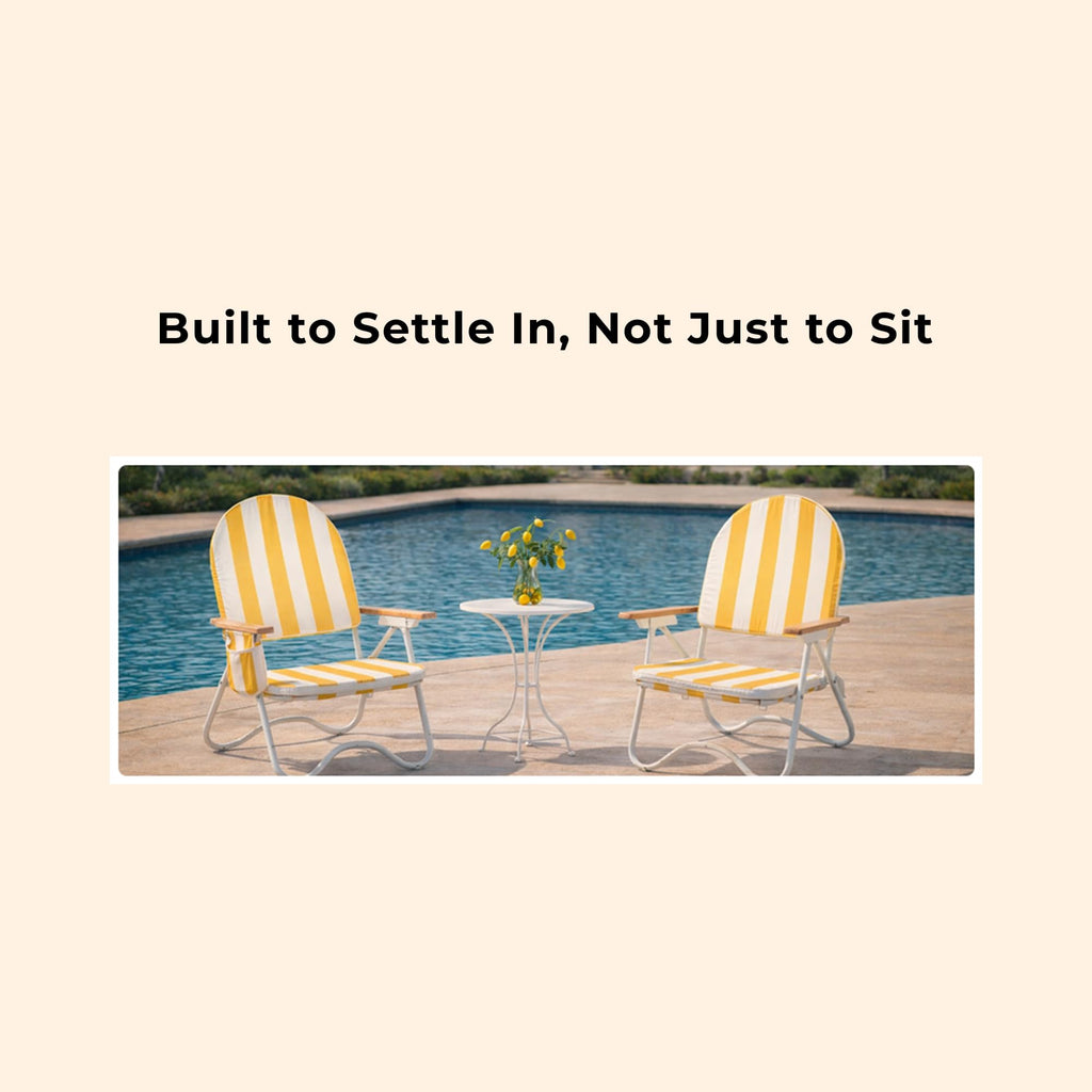 Padded Low Beach Chair, 4-Position Folding Outdoor Chair with Wooden Armrests, Cushioned Seat, Storage Pouch & Carry Strap for Beach, Patio and Lawn, Cala Serena Ochre Stripe