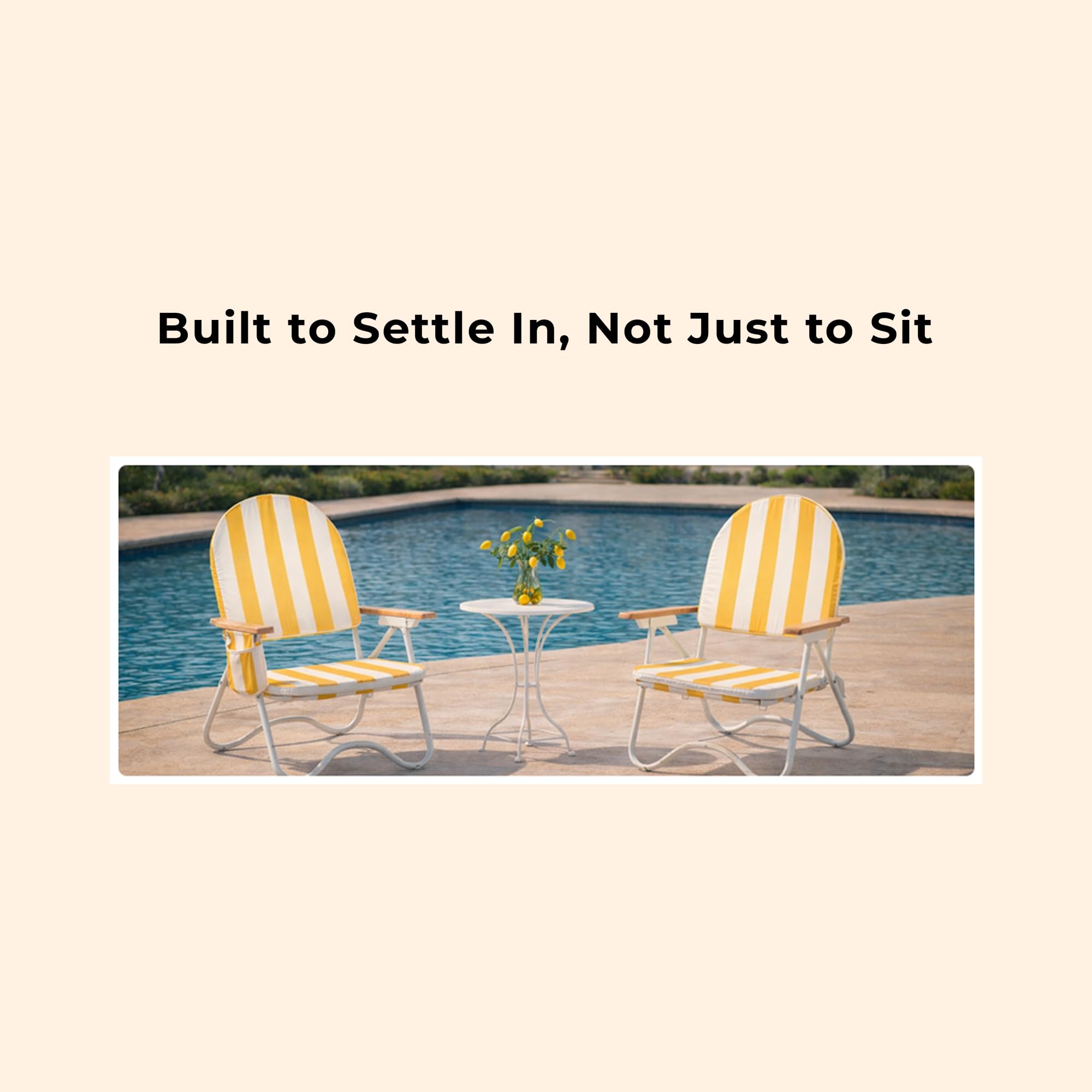 Padded Low Beach Chair, 4-Position Folding Outdoor Chair with Wooden Armrests, Cushioned Seat, Storage Pouch & Carry Strap for Beach, Patio and Lawn, Cala Serena Ochre Stripe