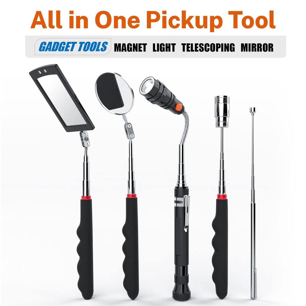 Telescoping Magnetic Pickup Tool Set with 1 & 15 lb Pick Up Sticks, Round and Square Adjustable Inspection Mirror and Flexible LED Flashlight, Fathers Day Dad Gifts for Men, Dad, Husband