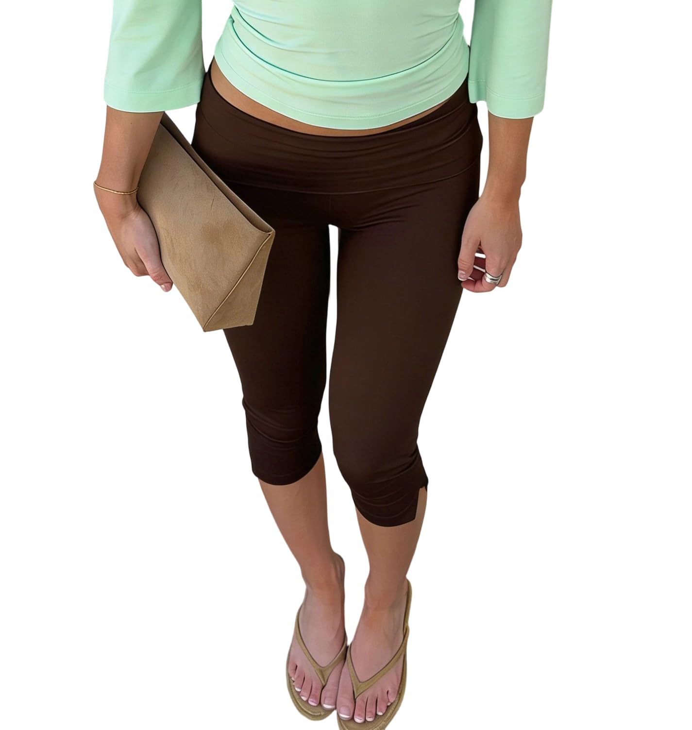 Women Y2k Low Rise Capris Button Grommet Foldover Capri Leggings Split Skinny Cropped Pants Going Out Capris Yoga Pants