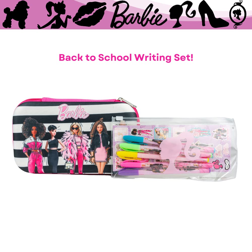 Innovative Designs Barbie Pencil Case Set with Stickers and Gel Pens for Kids, Molded with Zip Closure, Pink
