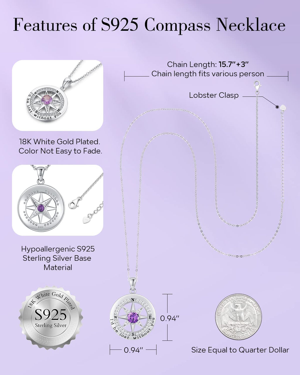 S925 Necklace Gift for Wife |Compass Jewelry |Women Anniversary |Sterling Silver |Girlfriend Birthday Gifts for Her Valentines |I'd be Lost without You |Jewel 18K Gold