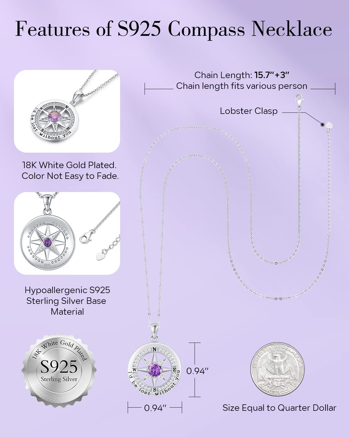 S925 Necklace Gift for Wife |Compass Jewelry |Women Anniversary |Sterling Silver |Girlfriend Birthday Gifts for Her Valentines |I'd be Lost without You |Jewel 18K Gold