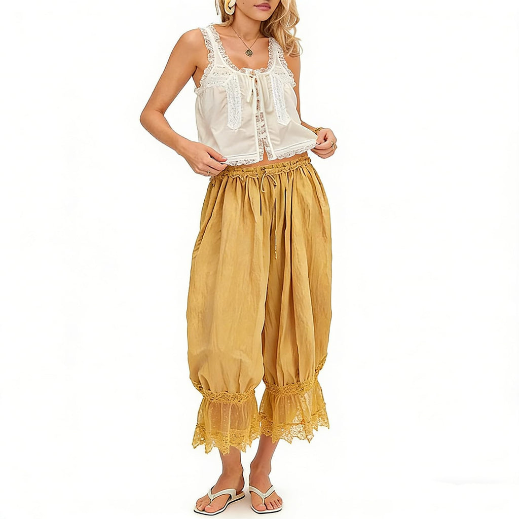 Women Bloomers Pants Y2K Flare Lace Trim Vintage Pantaloons Cute Ruffled Pumpkin Pants Capri Pajama Bottoms