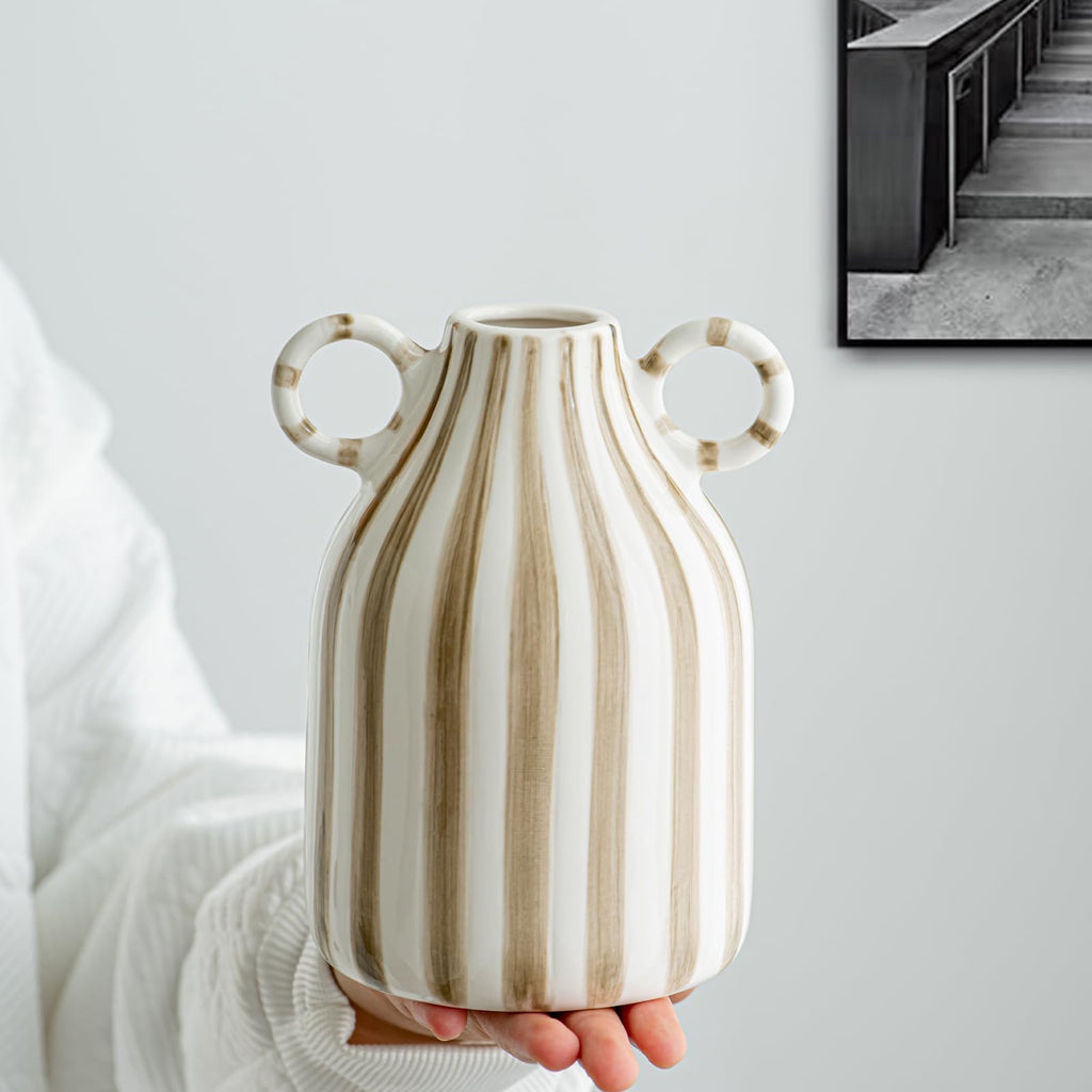 LCCCK Red and White Ceramic Vase, Mid Century Modern Striped Small Vases for Flower&Pampas Grass Centerpiece, Red White Checkered Vase for Dining Table Kitchen Tabletop Minimalist Decorative