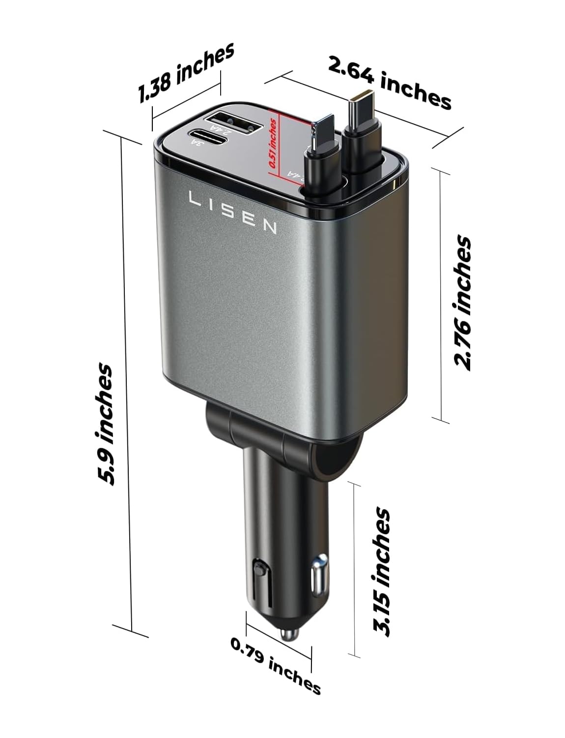 LISEN Retractable Car Charger, 84W Car Charger USB C Fast Charger Adapter for iPhone, Car Accessories for Men Women, Gifts for Fathers Day for Men Dad Husband, for iPhone 17 16 15 14 13 12 11 Samsung