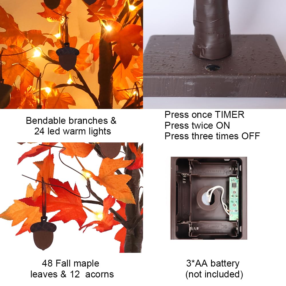 YEAHOME Fall Decorations for Home, Thanksgiving Decorations, 24”/2FT Lighted Fall Maple Leaves Tree with 24 LEDs for Autumn Decor, 12 Wood Acorns Ornaments Battery Powered Timer for Table Indoor