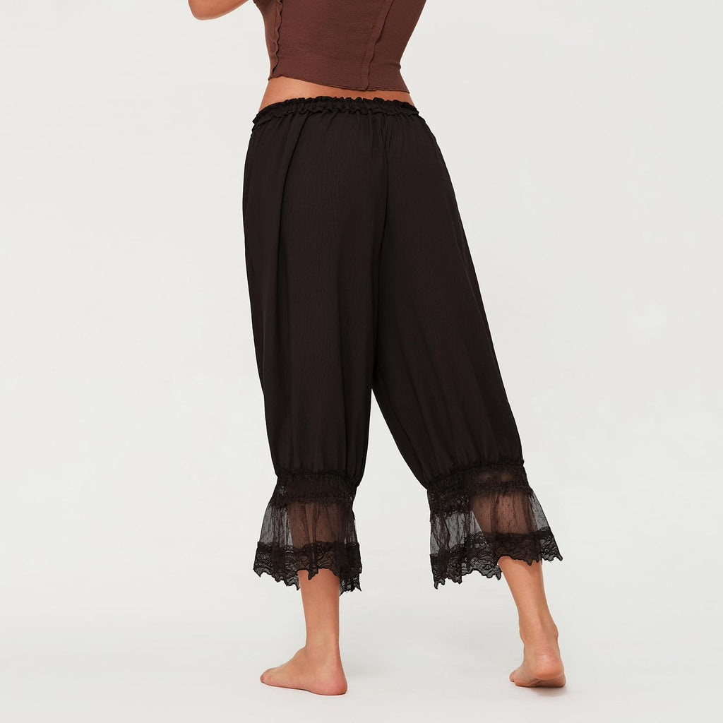 Women Lace Trim Long Bloomers Y2k Elastic Mid Rise Floral Ruffle Pantaloons Flared Slips Pants Pajama Bottoms